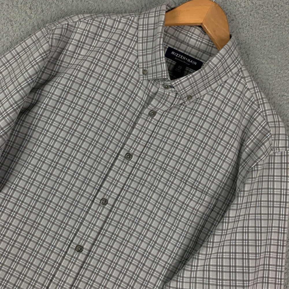 Mizzen+Main City Shirt Mens XXL Gray Plaid Button-Down Stretch Flannel Trim Fit